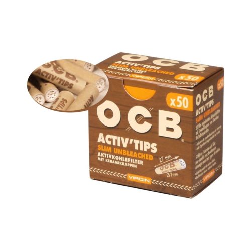 Φιλτράκια ενεργού άνθρακα OCB Activ Tips Unbleached Slim 7 mm – 50 φίλτρα